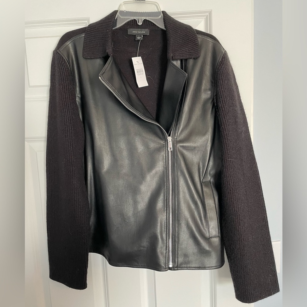 NWT black Ann Taylor faux leather moto sweater jacket